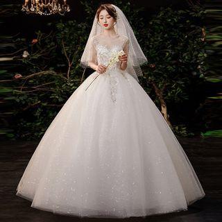 Short-sleeve Sequined A-line Wedding Gown