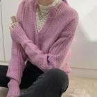 Long-sleeve Lace T-shirt / Cable-knit Split-neck Sweater