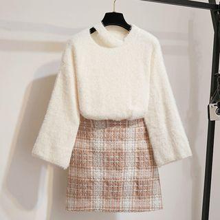 Set: Cut Out Sweater + Plaid A-line Skirt
