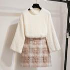 Set: Cut Out Sweater + Plaid A-line Skirt