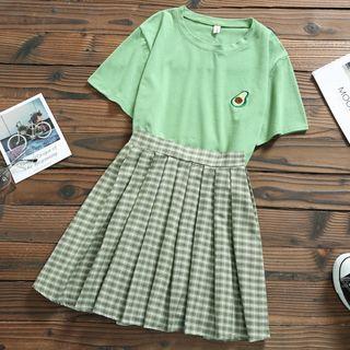 Set: Embroidered Short-sleeve T-shirt + Plaid Mini A-line Skirt