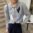 Polo Collar Argyle Knit Top Gray - One Size