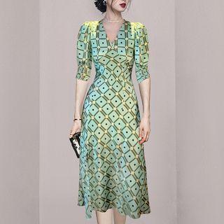 Elbow-sleeve Retro Print Midi A-line Dress