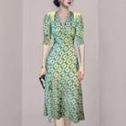 Elbow-sleeve Retro Print Midi A-line Dress