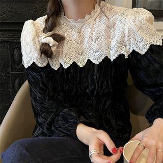 Long-sleeve Lace Panel Blouse Black & White - One Size