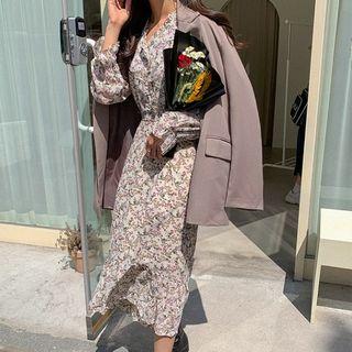 Frill-trim Floral Long Flare Dress