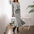 Set: V-neck Wide-sleeve Pullover + Long Mermaid Skirt