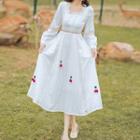 Puff-sleeve Cherry Midi A-line Dress