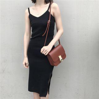 Spaghetti-strap Slit Midi Sheath Dress Black - One Size