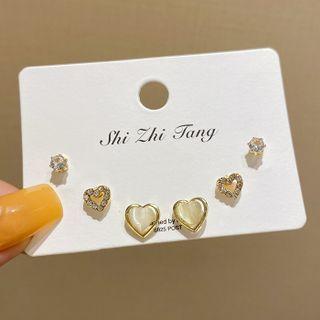 3 Pair Set: Heart Rhinestone / Faux Cat Eye Stone / Alloy Earring E4539 - Set Of 3 - Gold - One Size