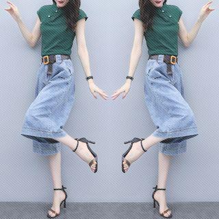 Set: Short-sleeve Hanfu Blouse + Cropped Wide-leg Jeans