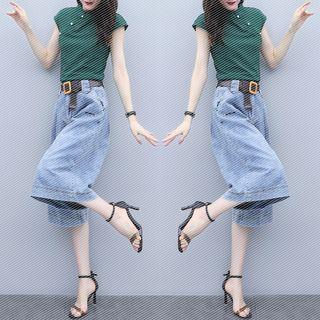 Set: Short-sleeve Hanfu Blouse + Cropped Wide-leg Jeans