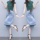 Set: Short-sleeve Hanfu Blouse + Cropped Wide-leg Jeans