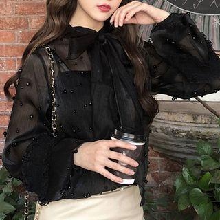 Set: Beaded Tie-neck Blouse + Camisole