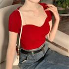 Short Sleeve Sweetheart Neckline Chain Accent Knit Top
