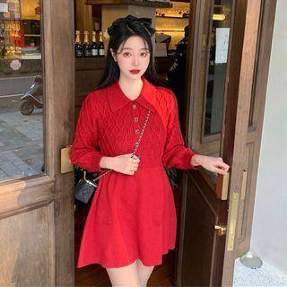 Mini A-line Polo Sweater Dress Red - One Size