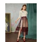 Set: Cold-shoulder Mini Knit Dress + Midi Mesh Skirt
