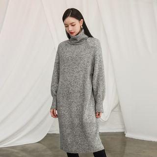 Turtle-neck Wool Blend Knit Dress Melange Gray - One Size
