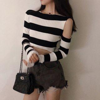 Striped Cold Shoulder Knit Pullover As Shown In Figure - One Size