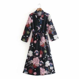 Floral Print Tie-waist Midi A-line Shirtdress