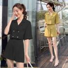 Set: Short-sleeve Double-breasted Shirt + Plain Shorts