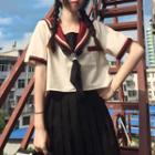 Sailor Collar Blouse / Pleated Midi A-line Skirt