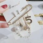 Safety Pin Faux Pearl Rhinestone Brooch 1 Pc - Gold - One Size
