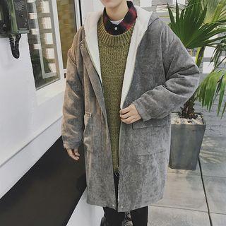 Loose-fit Fleece-lined Corduroy Hooded Long Jacket