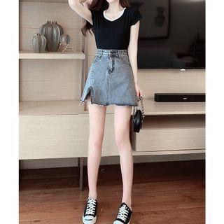 Washed Distressed Denim Mini Pencil Skirt