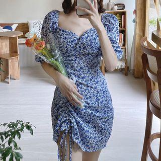 Puff-sleeve Drawstring Floral Mini Sheath Dress