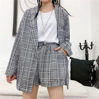 Set: Single-button Plaid Blazer + Plaid Shorts
