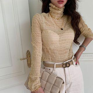 High-neck Shirred Mesh Blouse