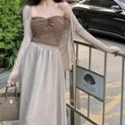 Plain Ruched Bandeau / Long-sleeve Sheer Cardigan / High-waist A-line Midi Skirt