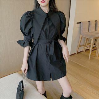 Pointy-collar Puff-sleeve Mini Shirtdress With Sash