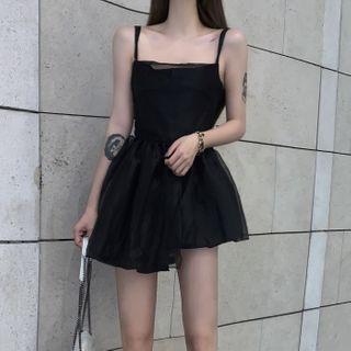 Spaghetti-strap Mesh Panel Asymmetric A-line Dress