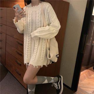 Distressed Cable Knit Boxy Sweater