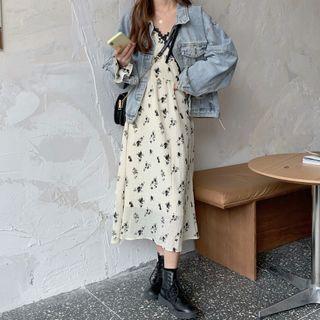 Denim Jacket / Long-sleeve Floral Print Midi Dress