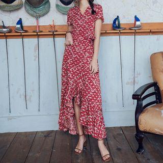 Short-sleeve Patterned Frill Trim A-line Maxi Dress