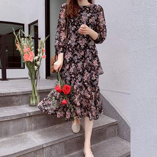 Round-neck Tie-waist Floral Print Dress