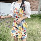 Round-neck Puff-sleeve Top / Floral Bodycon Suspender Skirt
