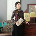 Long-sleeve Tasseled Cheongsam Top / Midi A-line Skirt