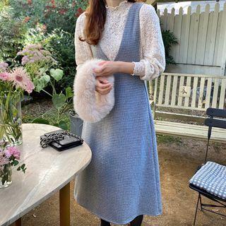Plunge-neck Checked A-line Jumper Dress
