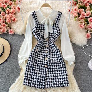 Set: Sleeveless Single Breasted Houndstooth Dress + Shirt