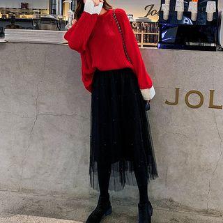 Color-block Sweater / Midi A-line Mesh Skirt