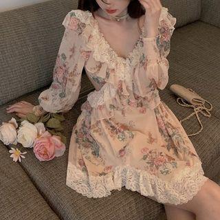 Long-sleeve Flower Print Lace Trim Mini A-line Dress