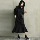 Long-sleeve Hooded Ruffle Hem Midi Dress