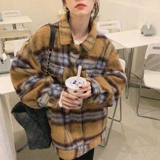 Plaid Loose-fit Shirt Jacket Orange - One Size