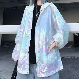 Iridescent Hooded Zip Light Jacket As Shown In Figure - One Size