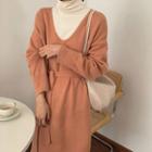 Sashed Midi A-line Knit Dress Nude Pink - One Size