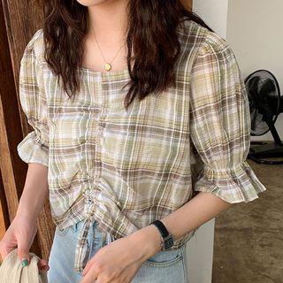 Plaid Short-sleeve Drawstring Blouse